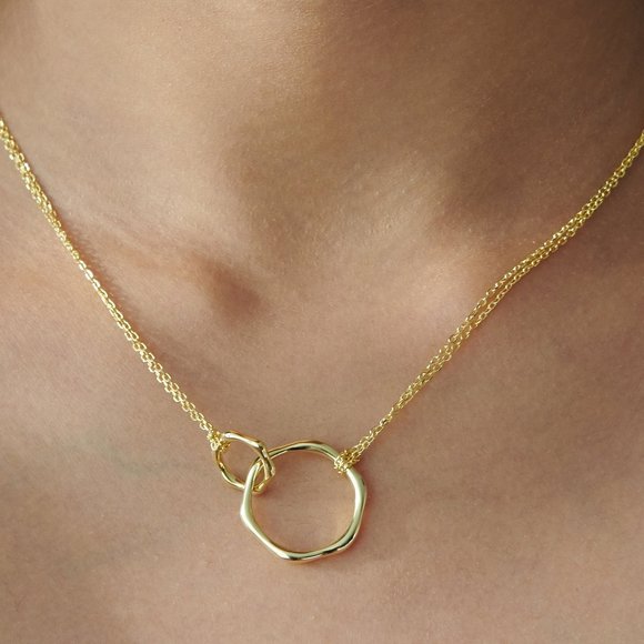 14K gold vermeil over 925 sterling silver Gold Double Ring Pendant Necklace - Picture 1 of 8